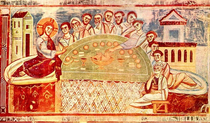 Medieval depiction of the Last Supper, showcasing flat perspective and symbolic representation