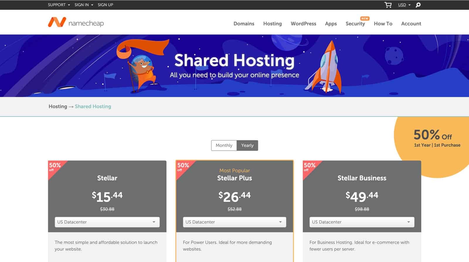 Namecheap web hosting homepage screenshot