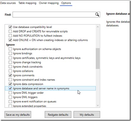 SQL Compare project options highlighting the "Ignore database and server name in synonyms" setting.