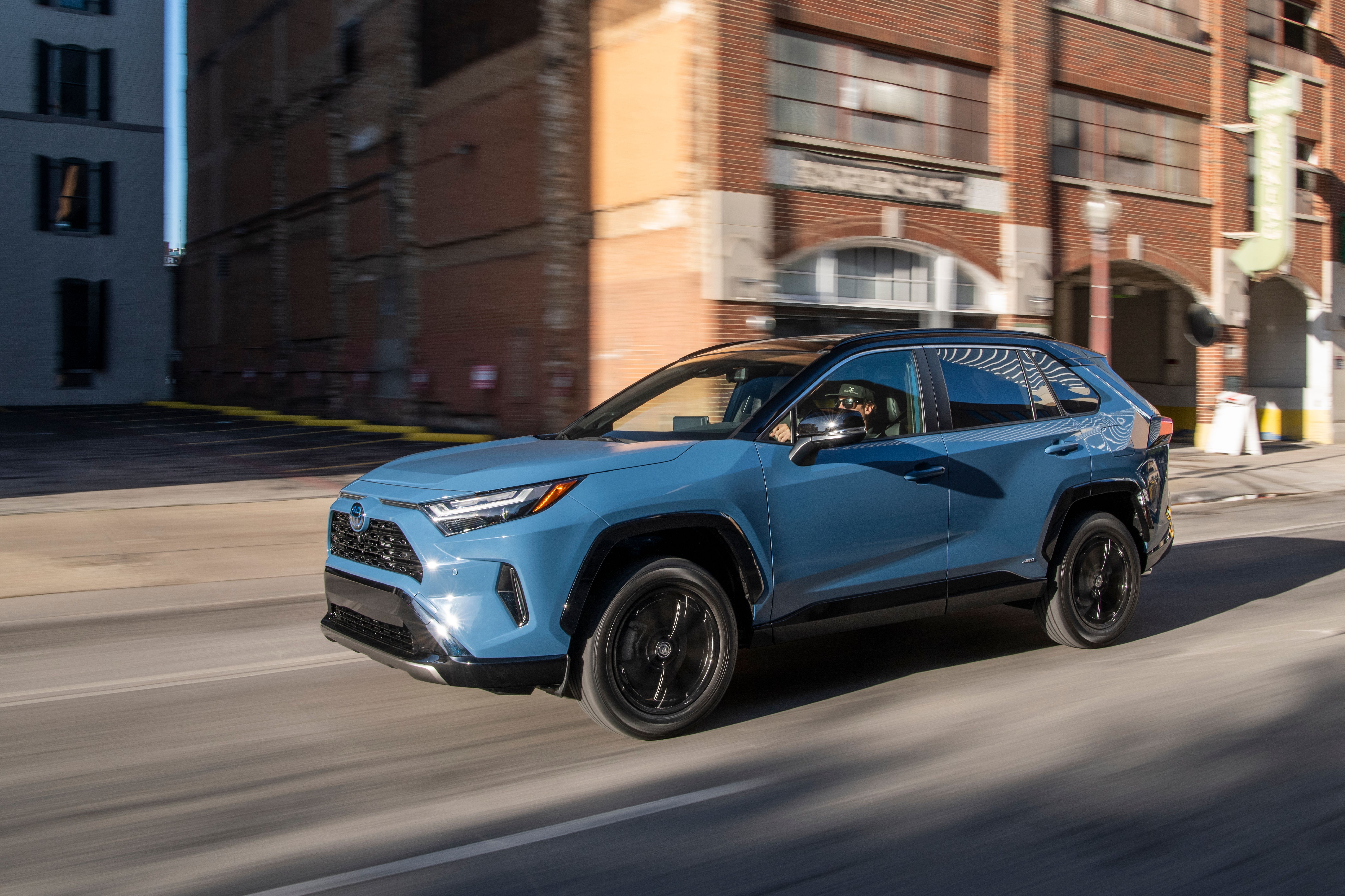 Side view of a 2022 Toyota RAV4 XSE model highlighting its sporty and rugged design elements