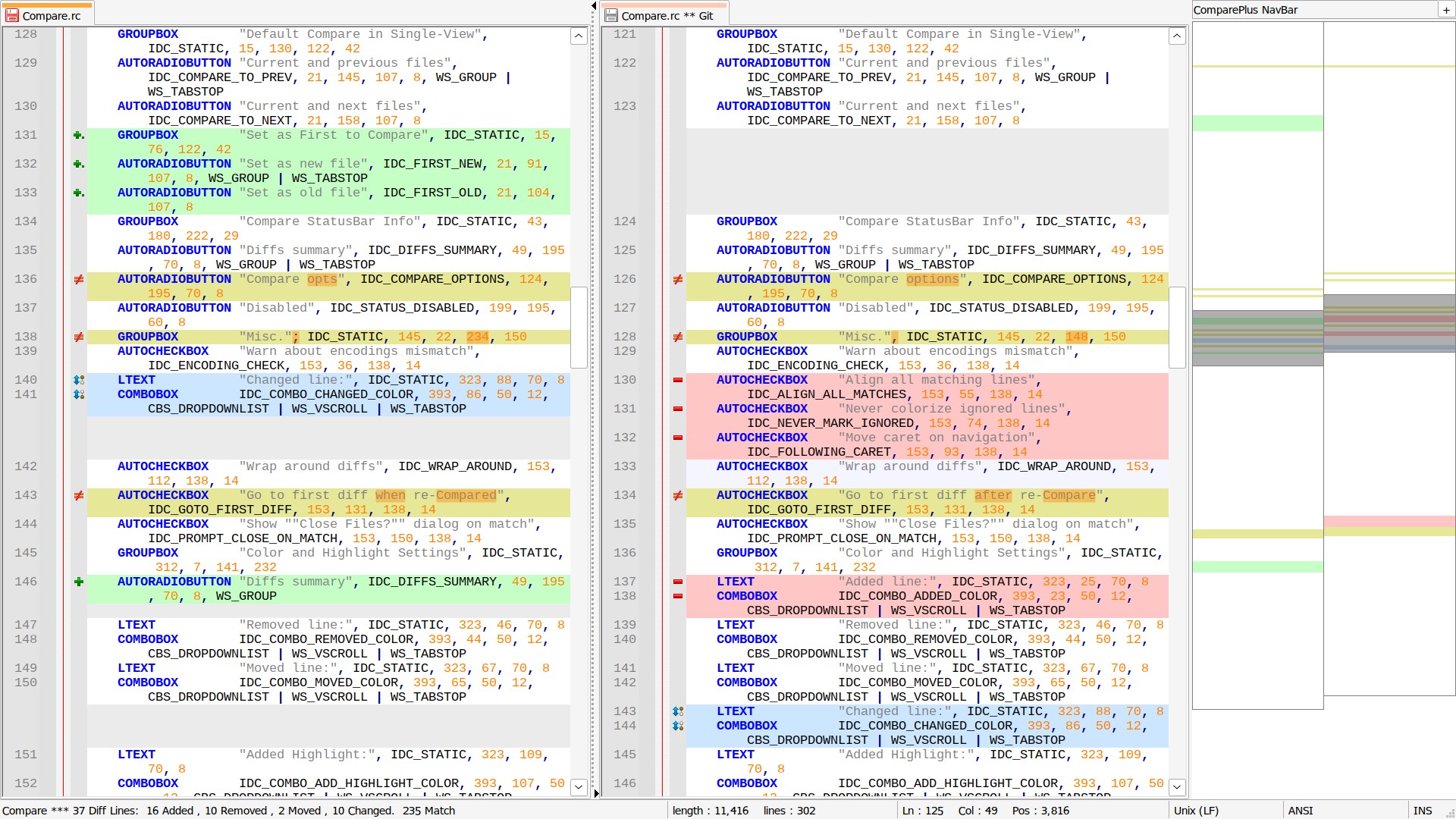 Side-by-side file comparison in Notepad++ using the ComparePlus plugin, showing differences highlighted in red and green