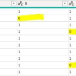 Output of the fxCom2Tables Power Query M function, showing a comparison result with 1 for matches and 0 for mismatches between two tables.