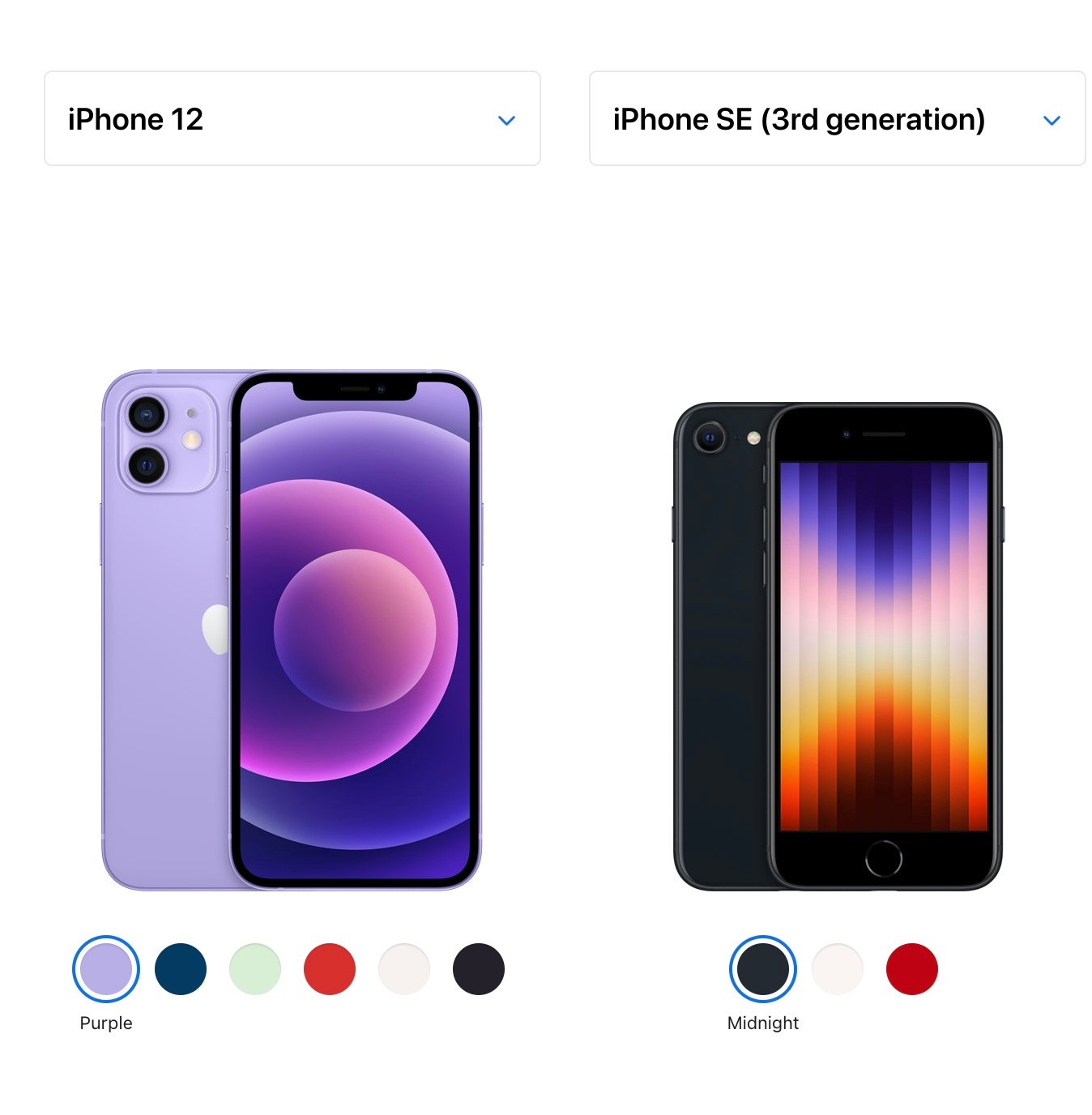 Apple iPhone 12 vs iPhone SE 3rd Generation comparison table showing key specifications side-by-side, highlighting differences in display, camera, and battery life.