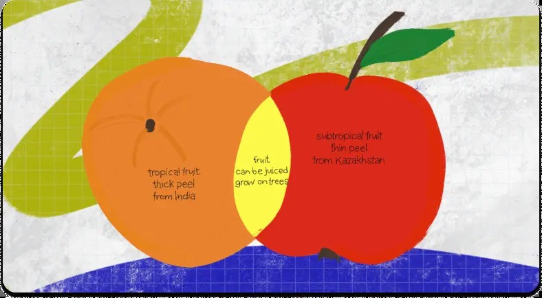 Venn diagram example for compare and contrast essay outlining similarities and differences between two subjects like apples and oranges