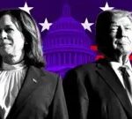 Black and white image of Kamala Harris and Donald Trump facing each other, set against the US Capitol with a red and blue striped background