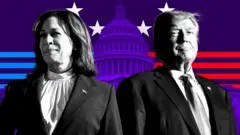 Black and white image of Kamala Harris and Donald Trump facing each other, set against the US Capitol Building with a red and blue striped background, symbolizing the political divide between them in the context of the upcoming US election.