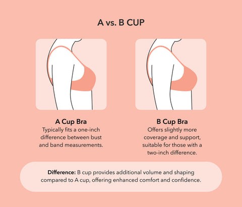 Comparing A cup and B cup bra sizes for breast size differences and bra fit guide.