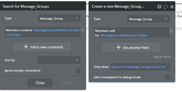 Bubble.io's database "contains" operator limitation when comparing two lists of entities for exact matches in messaging group creation.