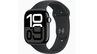 Apple Watch Series 10 showcasing time 10:09, black finish, white background