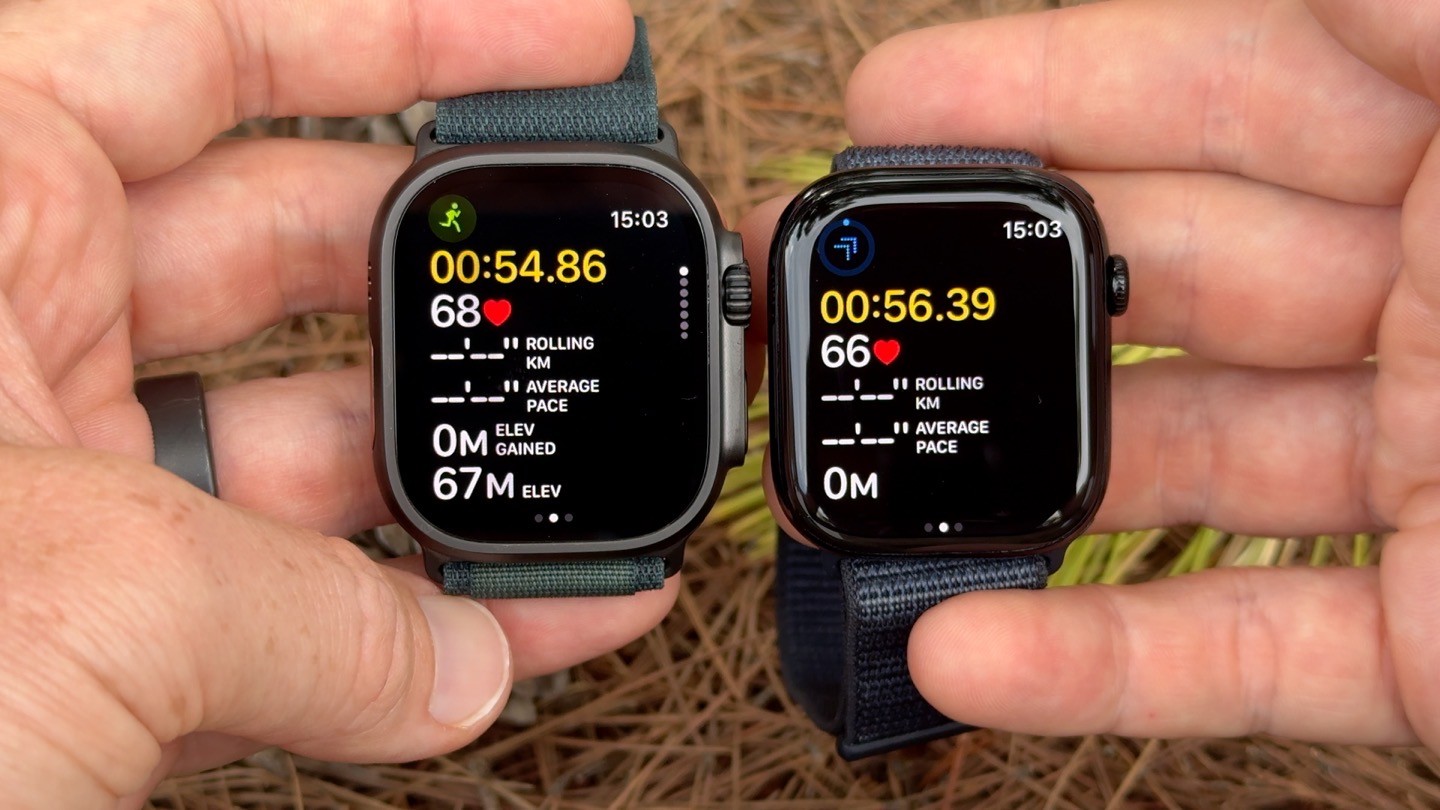 Software interface comparison of Apple Watch Ultra 2 and Series 10 showing similar WatchOS features