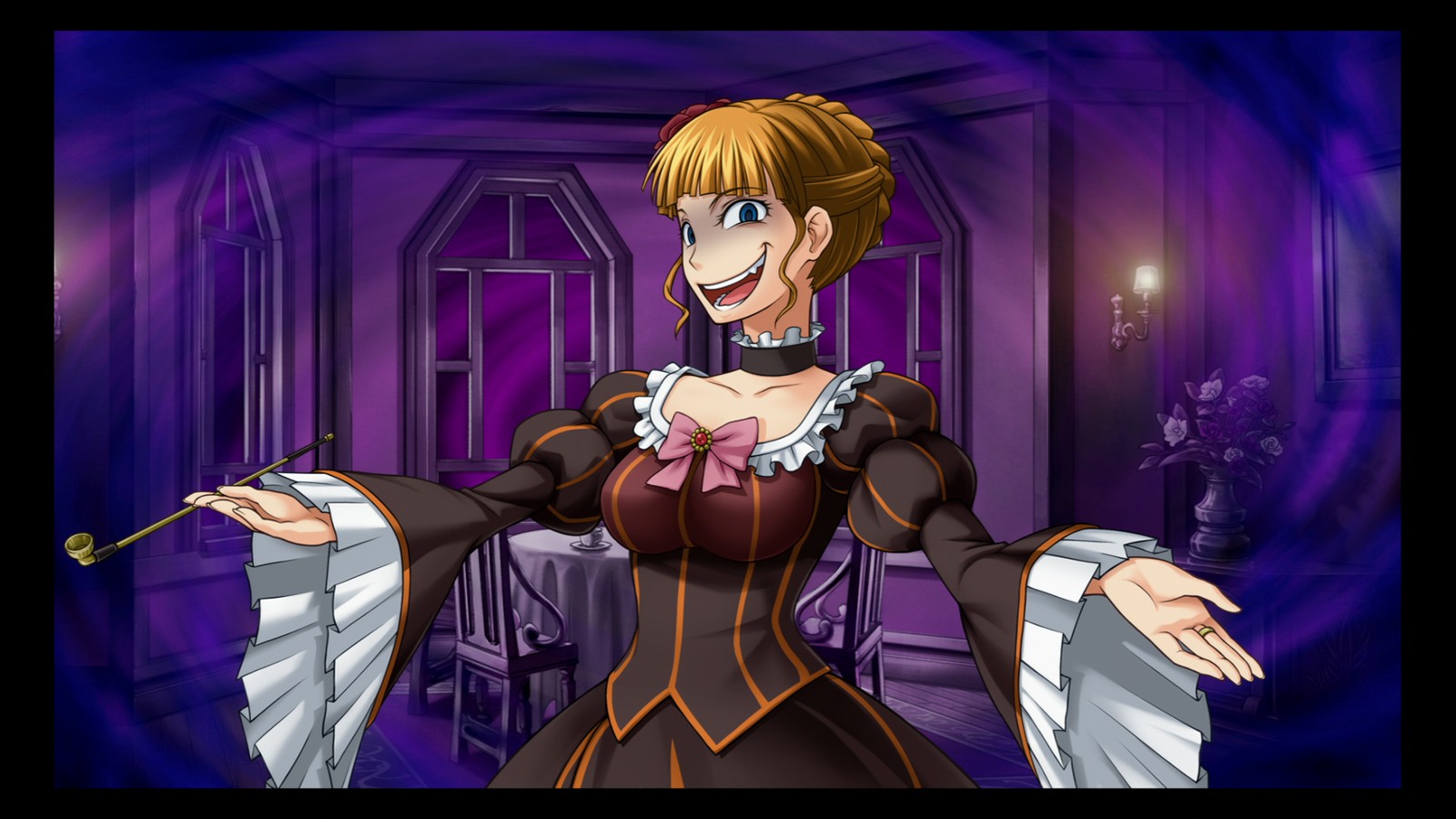 Beatrice in Umineko When They Cry, with golden hair and red eyes, sitting elegantly.