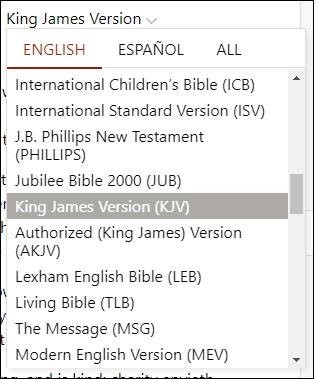 The Bible translation drop-down menu on Bible Gateway