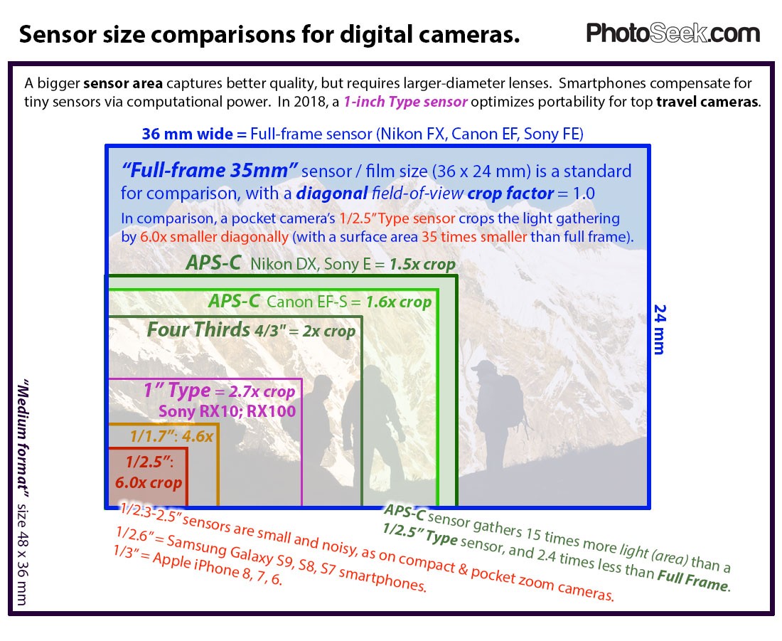 Digital camera sensor size comparison showcasing full frame, APS-C, Micro Four Thirds, 1-inch, 1/1.7 inch and 1/2.5 inch types.