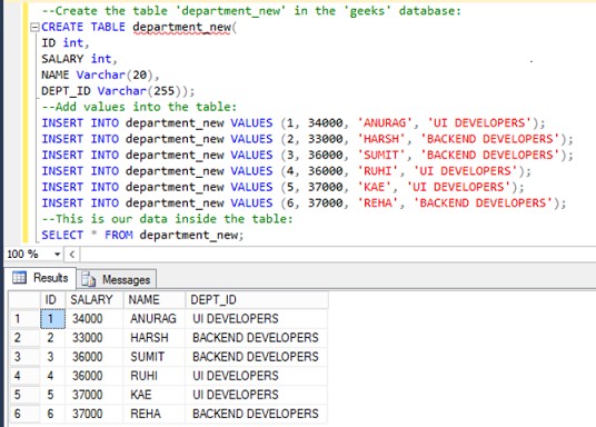 SQL Output of department_new table showing six entries including REHA