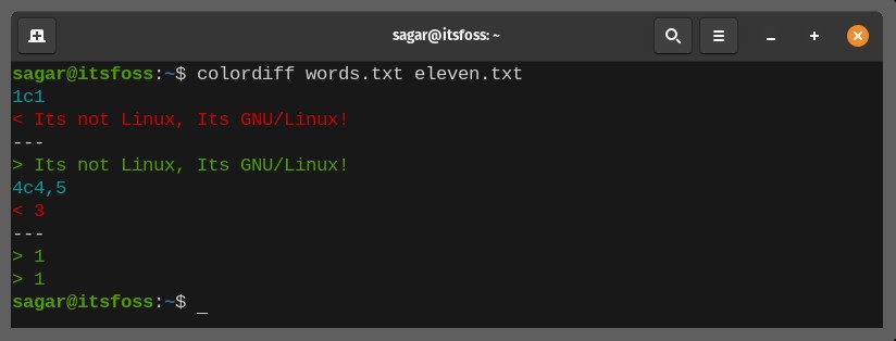 Screenshot of the colordiff command output, showing colored differences between two files, illustrating an improvement over the standard diff command for comparing files on Linux.