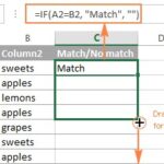 Dragging fill handle in Excel to apply formula for comparing two columns row by row, enhancing data analysis efficiency.