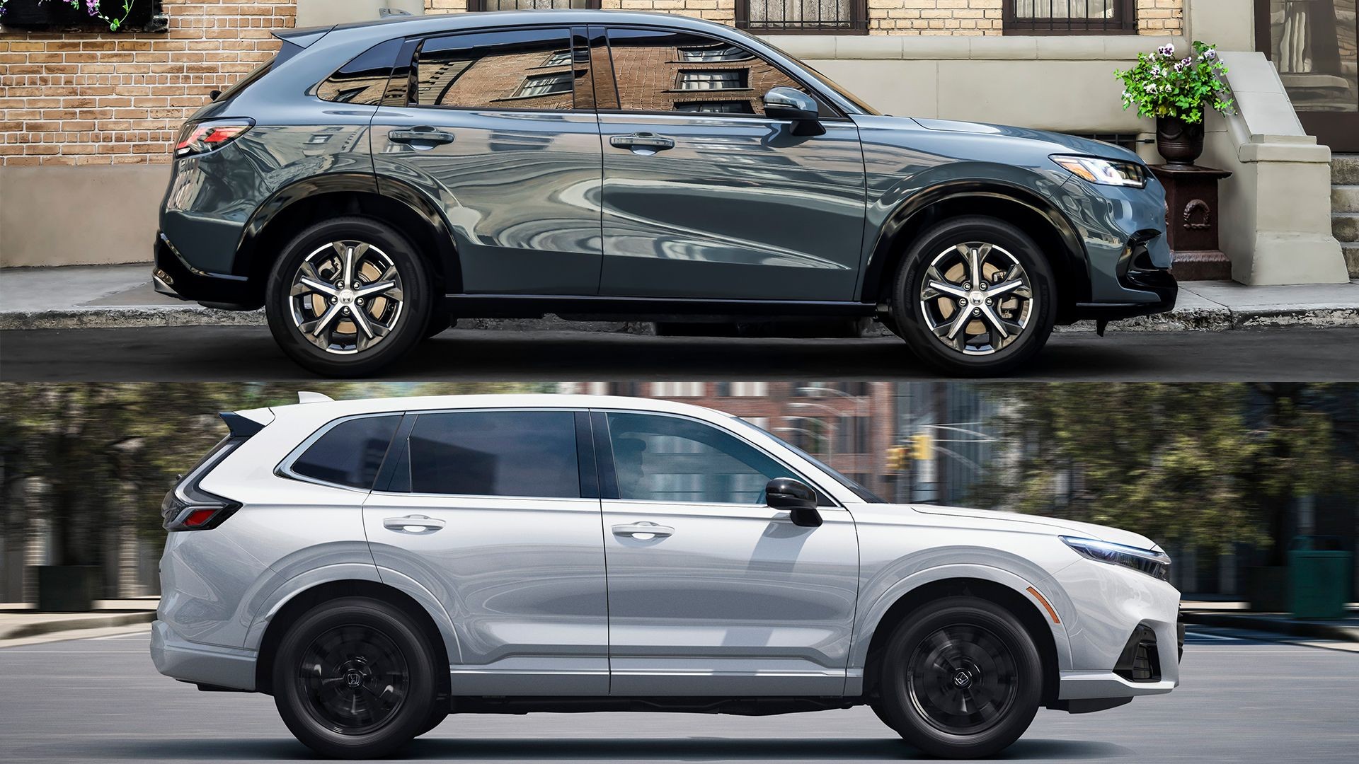 Image comparing Honda HR-V and CR-V side by side, suggesting a range of affordable Honda crossovers