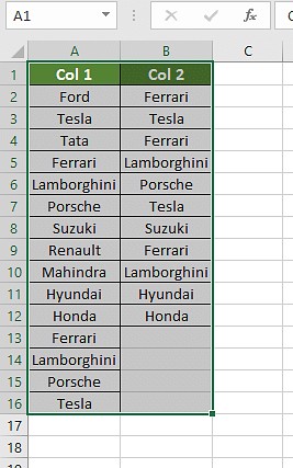 Select columns for comparison in Excel