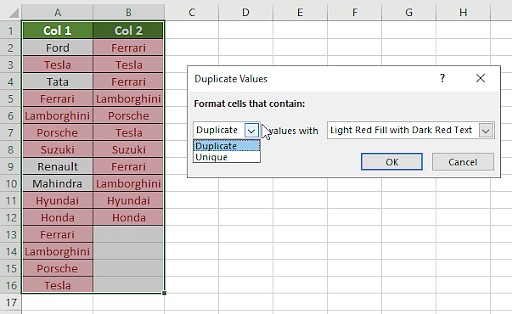 Conditional Formatting options for Duplicate Values in Excel