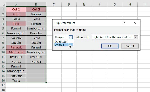 Conditional Formatting options for Unique Values in Excel