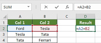 Entering Equals Operator formula in Excel