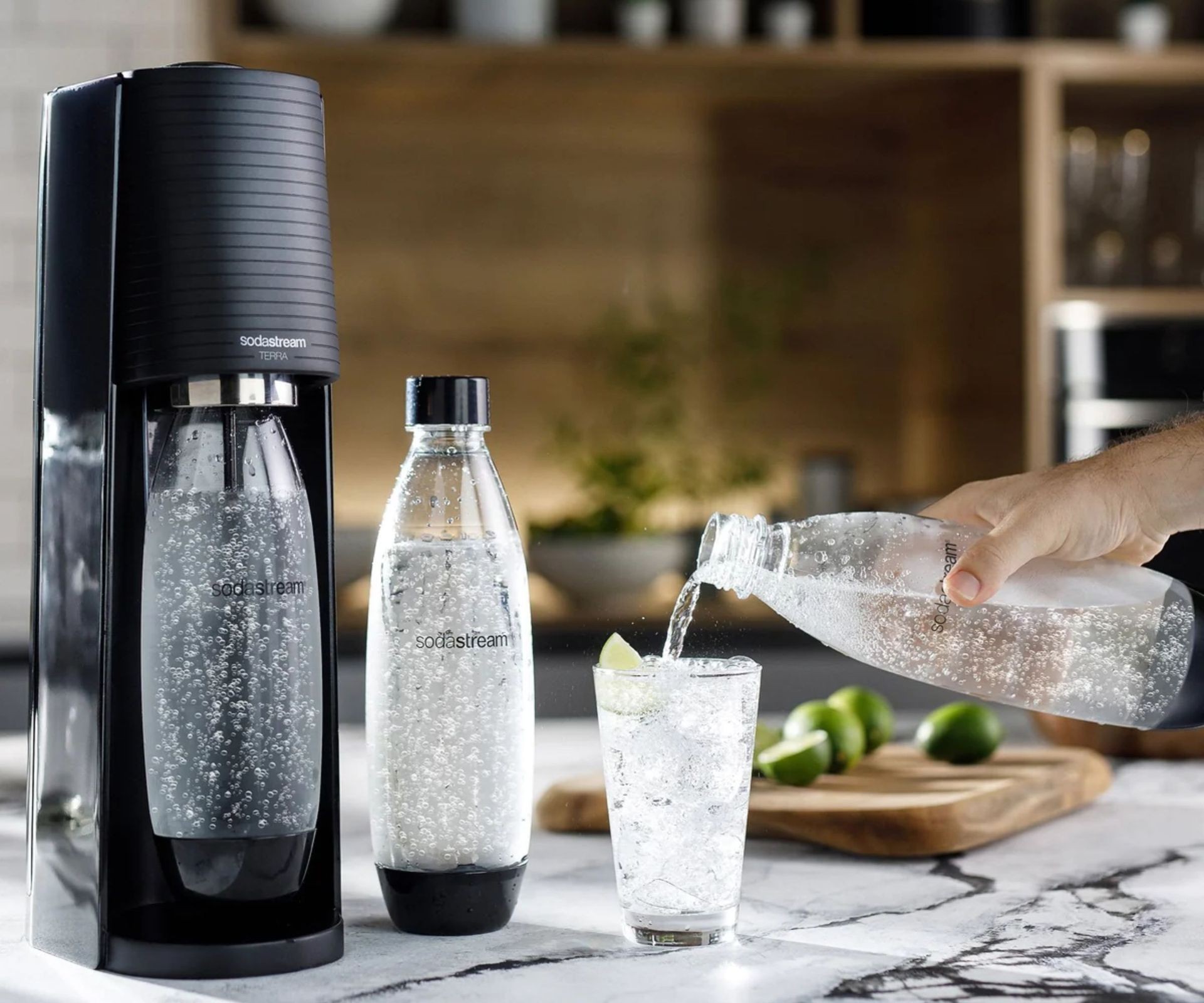 SodaStream Terra in white on a kitchen countertop