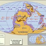 Distribution of landmasses, mountainous regions, shallow seas, and deep ocean basins during the Late Carboniferous. Included in the paleogeographic reconstruction are cold and warm ocean currents. The present-day coastlines and tectonic boundaries of the configured continents are shown in the inset.