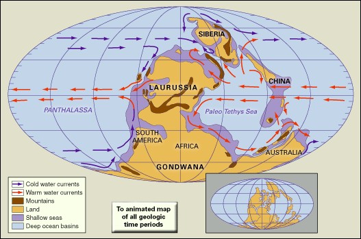 Distribution of landmasses, mountainous regions, shallow seas, and deep ocean basins during the Late Carboniferous. Included in the paleogeographic reconstruction are cold and warm ocean currents. The present-day coastlines and tectonic boundaries of the configured continents are shown in the inset.