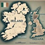 Size comparison map showing Ireland overlaid on the state of Indiana, illustrating their similar land areas. The graphic visually represents the question of how the size of Ireland compares to a US state.