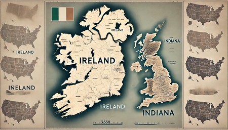 Geographical size comparison showcasing the outline of Ireland superimposed on the state of Indiana, illustrating that Ireland is roughly the same size as Indiana in the United States.