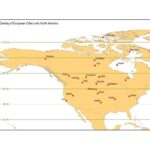 European cities overlaid on North America latitude map, showing Paris north of Fargo