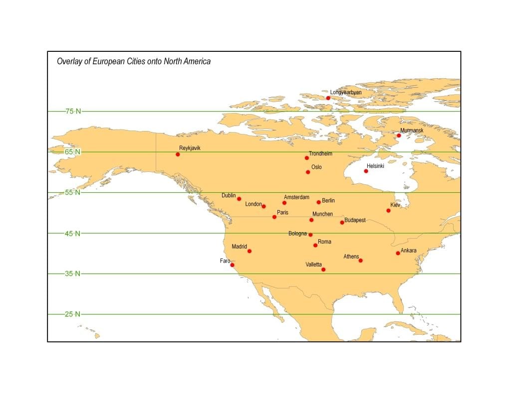 European cities overlaid on North America latitude map, showing Paris north of Fargo