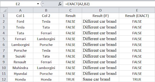 Using EXACT formula for case-sensitive comparison in Excel