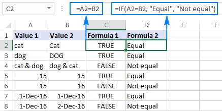 Case-insensitive formula to compare 2 cells in Excel