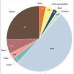 Pie chart showing consumption of animal proteins by percent in Japanese adults’ diets in 2019.