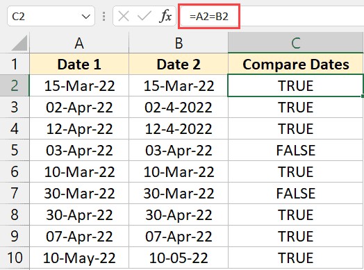 Formula to compare dates in same row