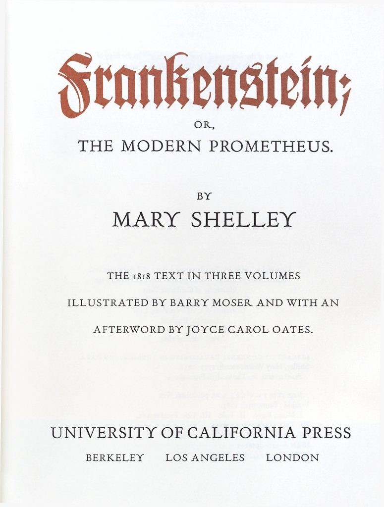 Close-up of Frankenstein text, highlighting gothic lettering and the book's age