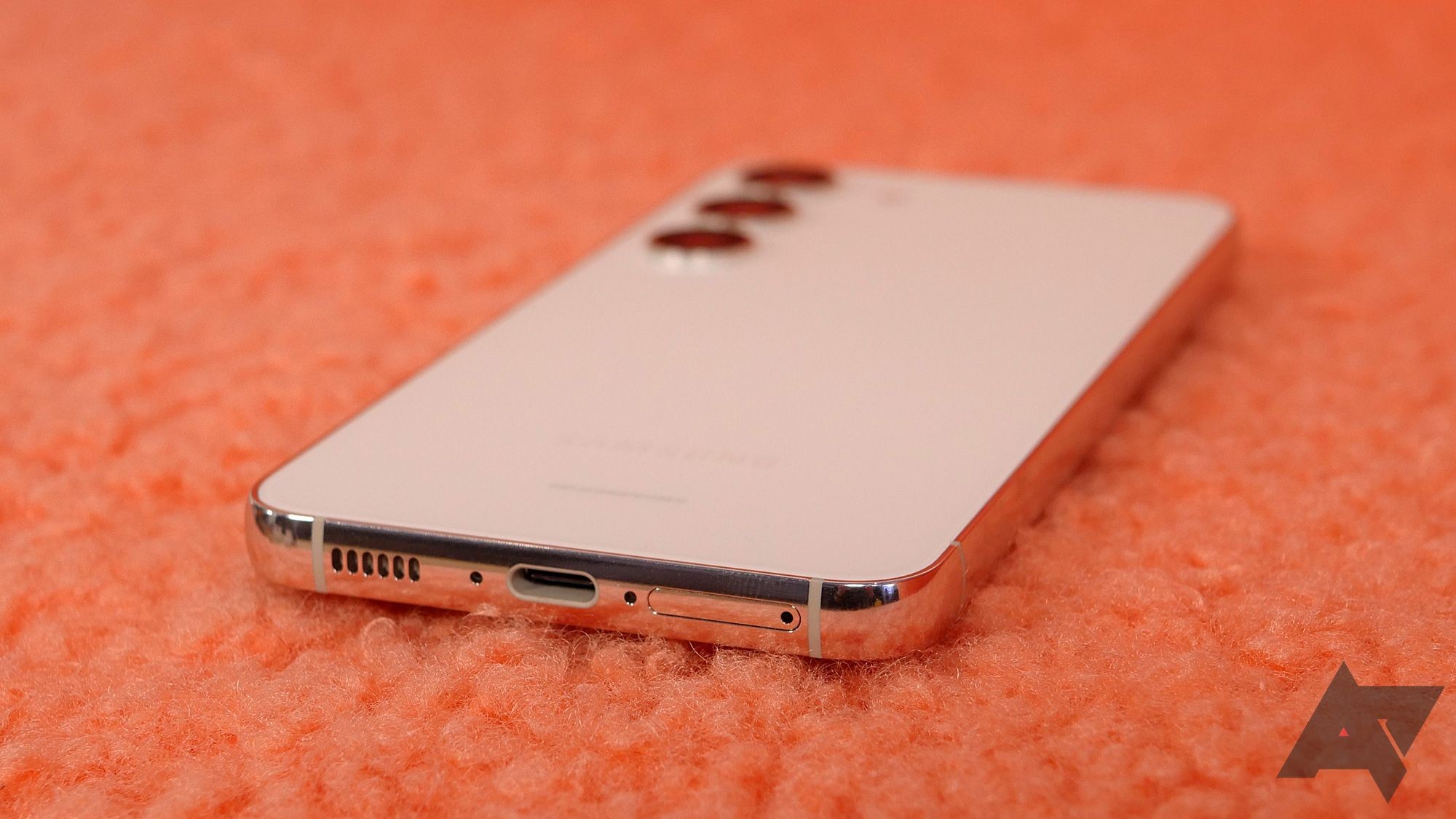 Samsung Galaxy S23 side and bottom view showing its sleek profile and USB-C port