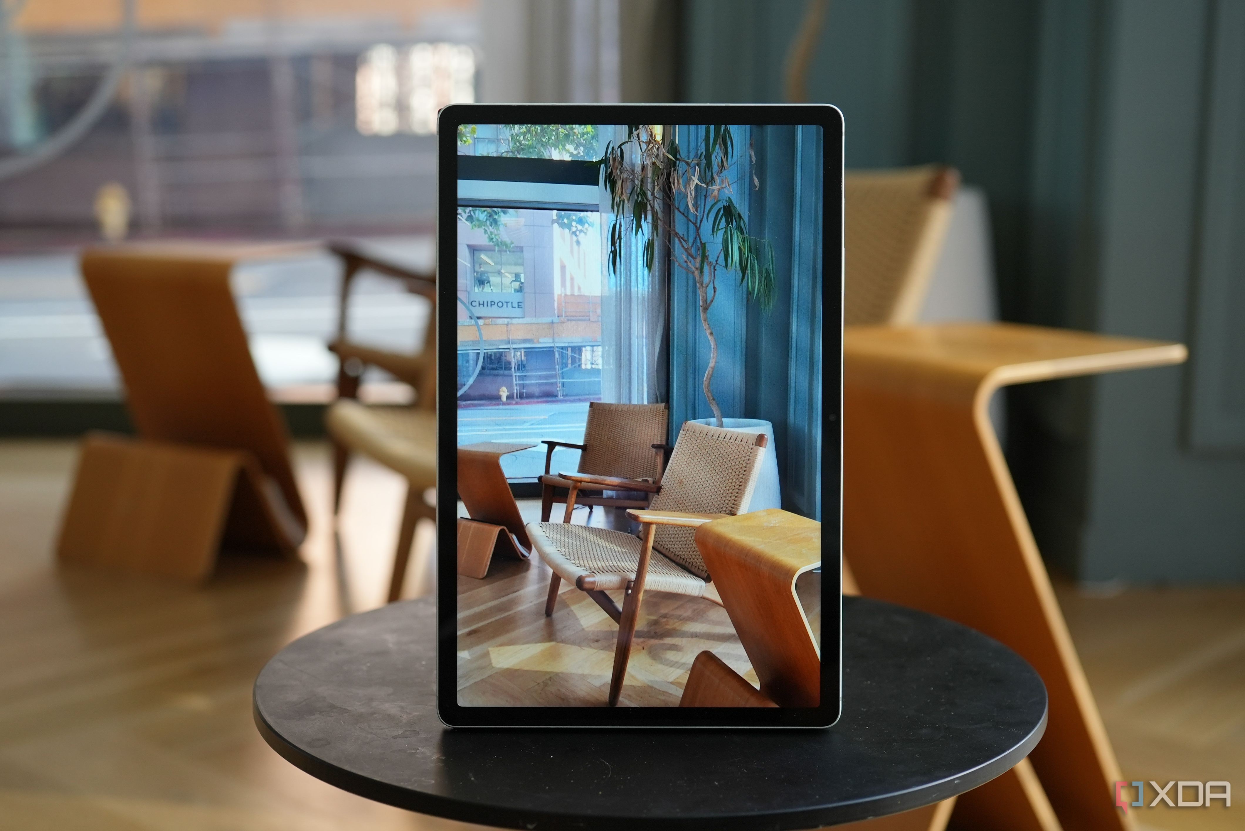 Galaxy Tab S9 FE standing on side with camera open