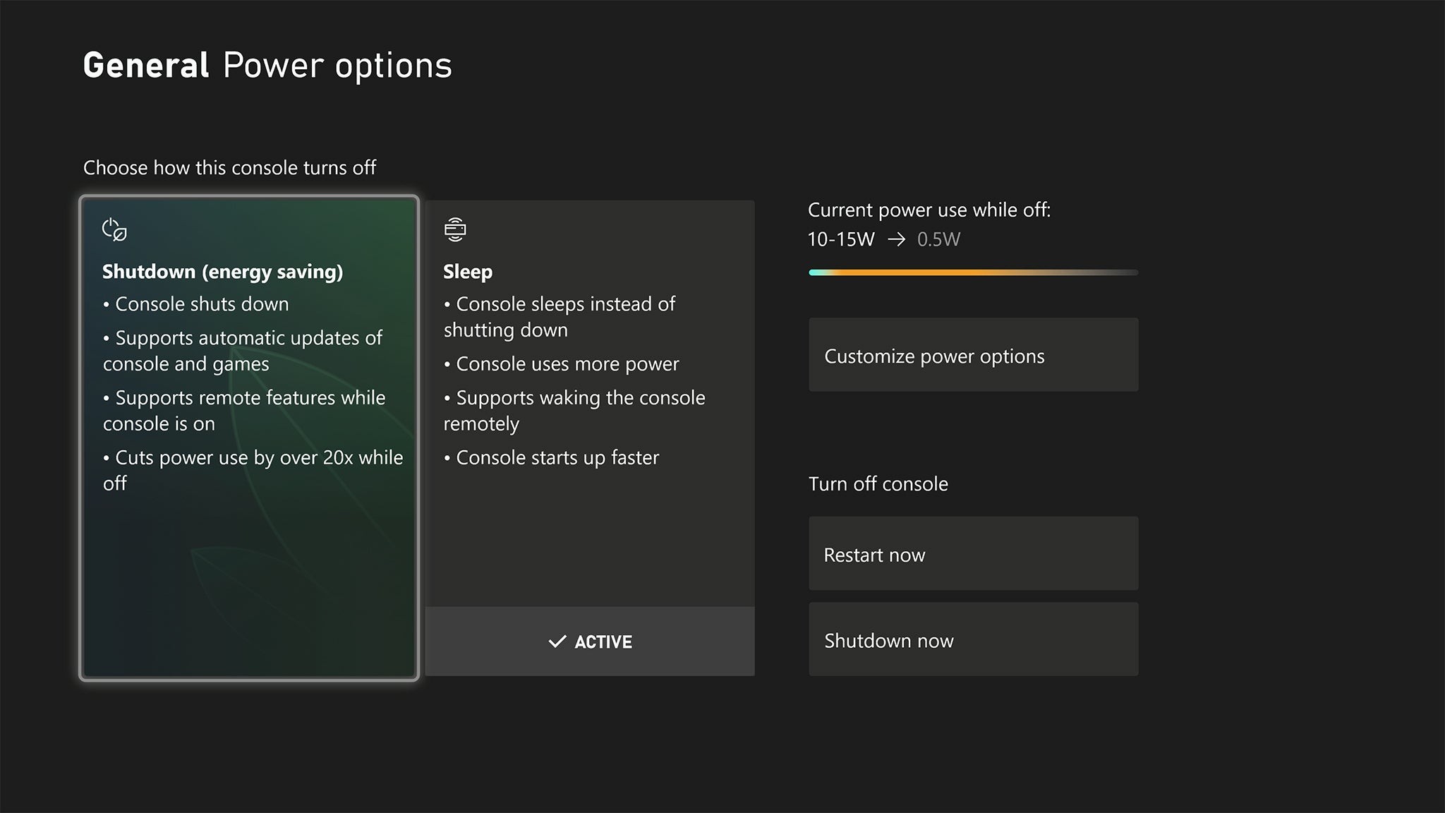 The power options menu on an Xbox console, displaying different power saving settings.