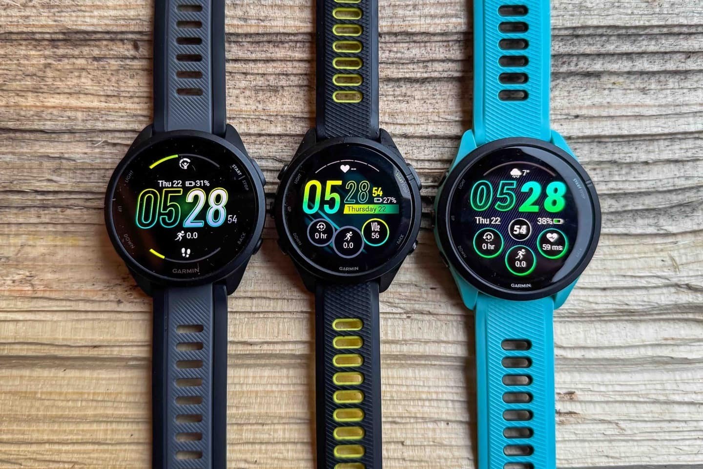 Garmin Forerunner 165, Forerunner 265S, and Forerunner 265 watch size comparison showcasing different screen sizes and physical dimensions