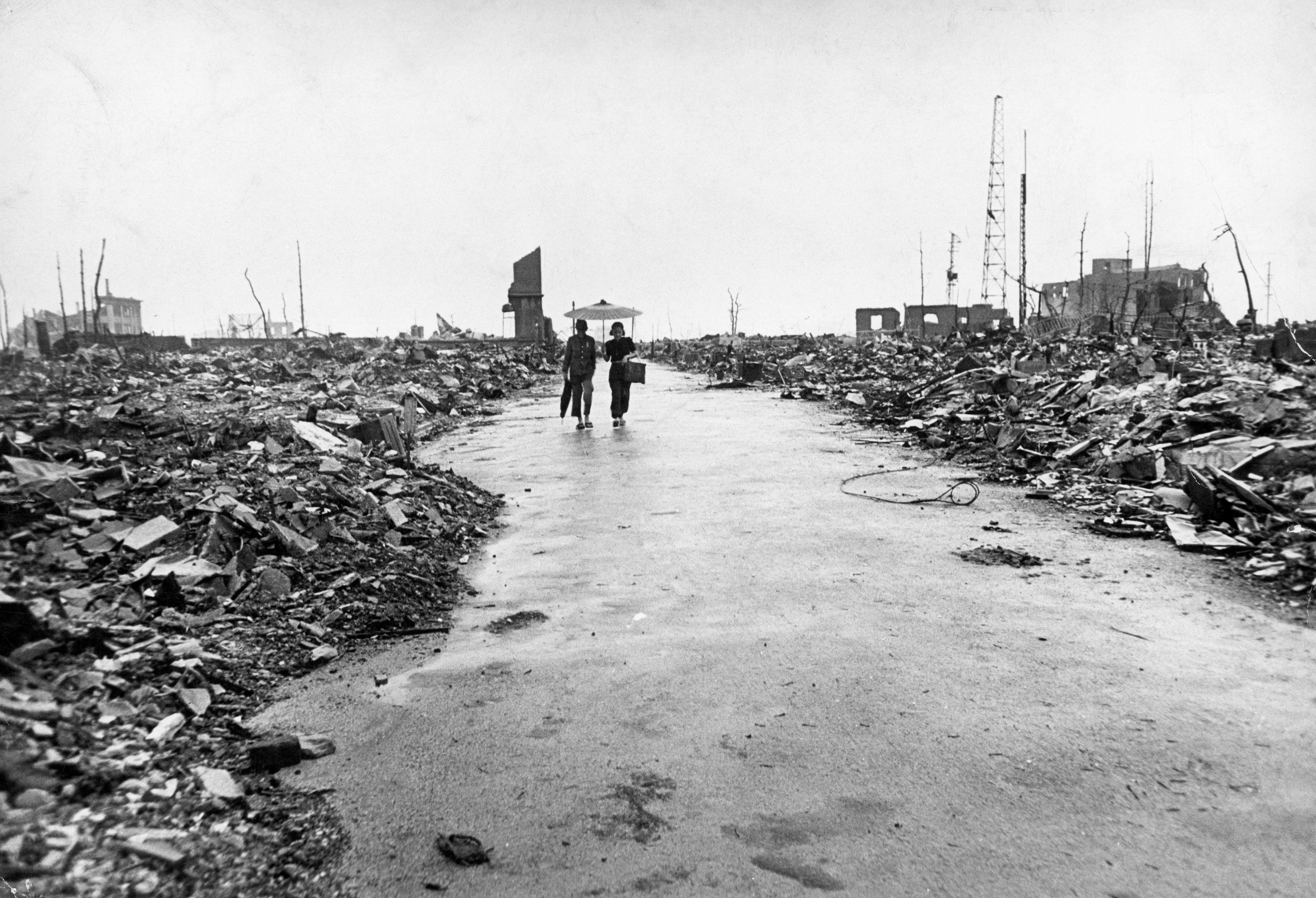 Devastation in Hiroshima after the atomic bomb explosion during World War II, showcasing the immense destructive power of nuclear weapons compared to hydrogen bombs.