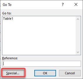 Go To Special dialog box for Row Difference in Excel