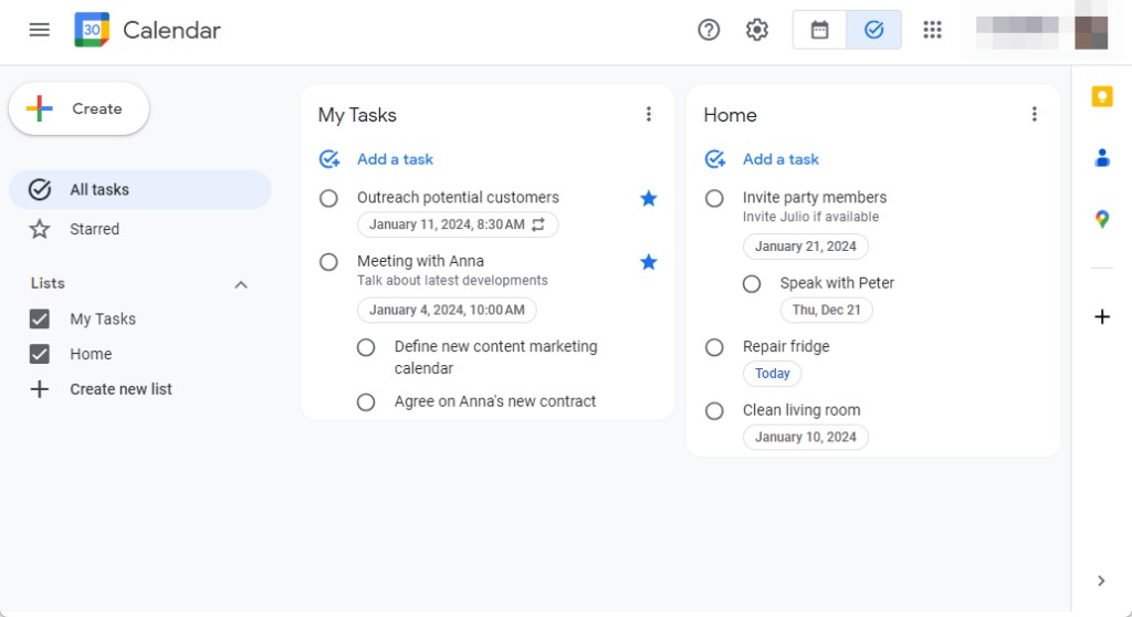 Google Tasks interface on desktop