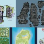 A comparison of GTA game maps showcasing the evolution of map size from GTA 3 to GTA 5, emphasizing the significant increase in scale and detail over the Grand Theft Auto series.