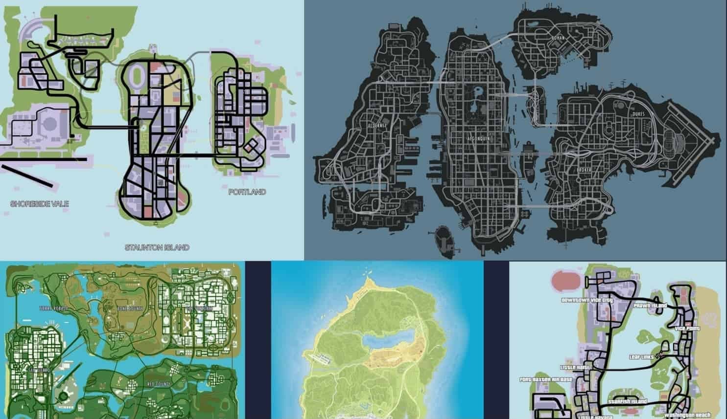 A comparison of GTA game maps showcasing the evolution of map size from GTA 3 to GTA 5, emphasizing the significant increase in scale and detail over the Grand Theft Auto series.