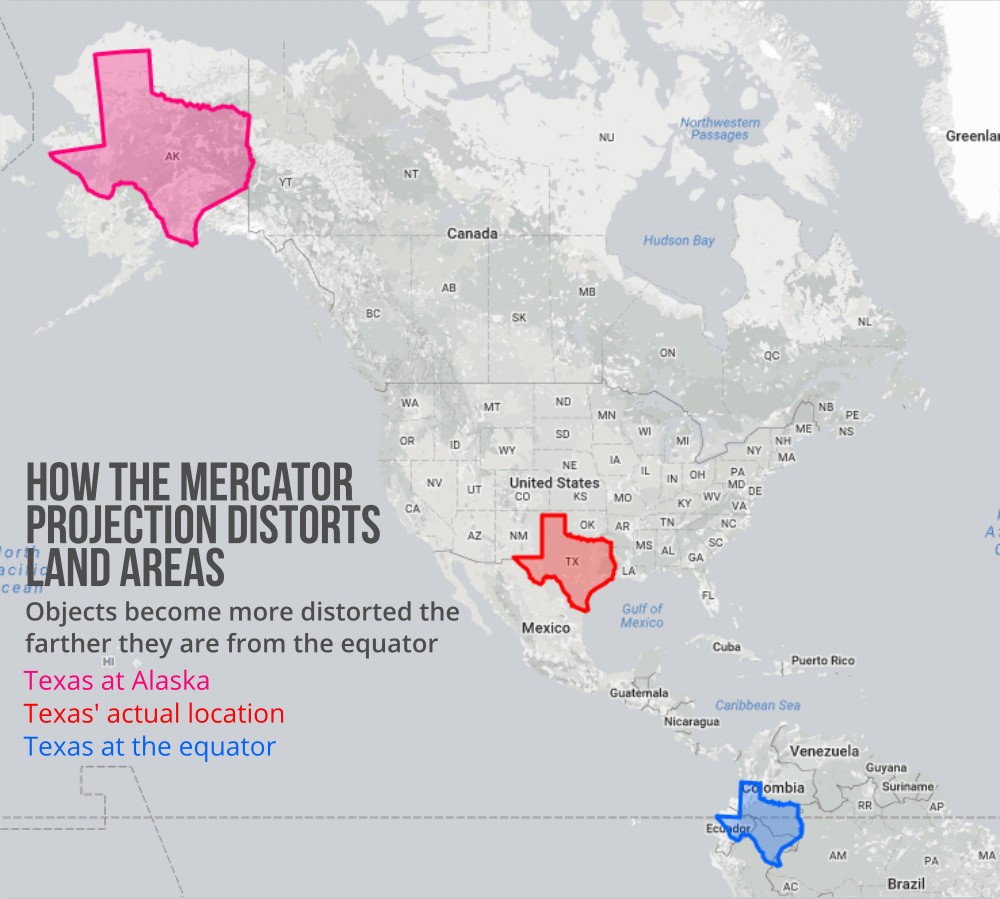 Texas Size Compared to other Land Areas using Mercator Projection