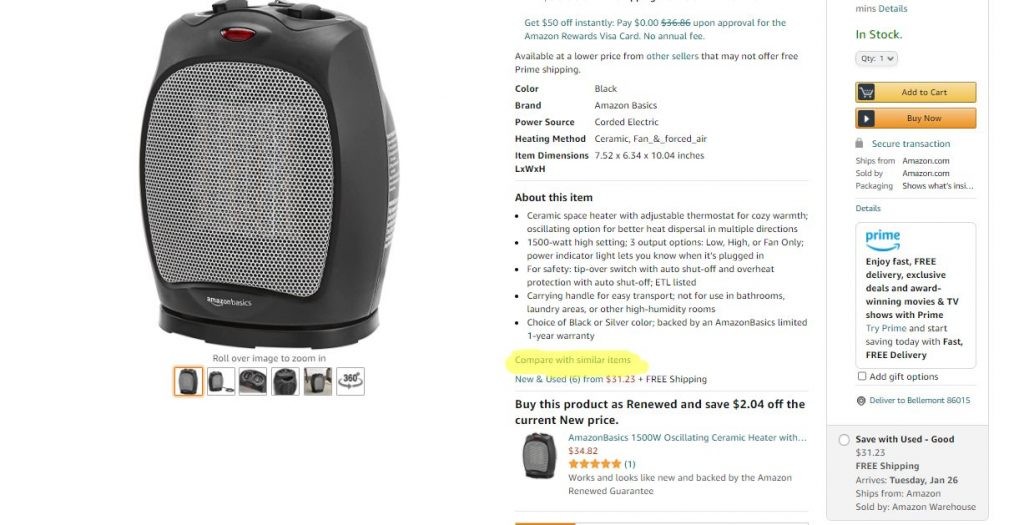 Amazon's built-in 'Compare with similar items' feature highlighted on a product page, showcasing how buyers can easily compare products directly on the Amazon website.