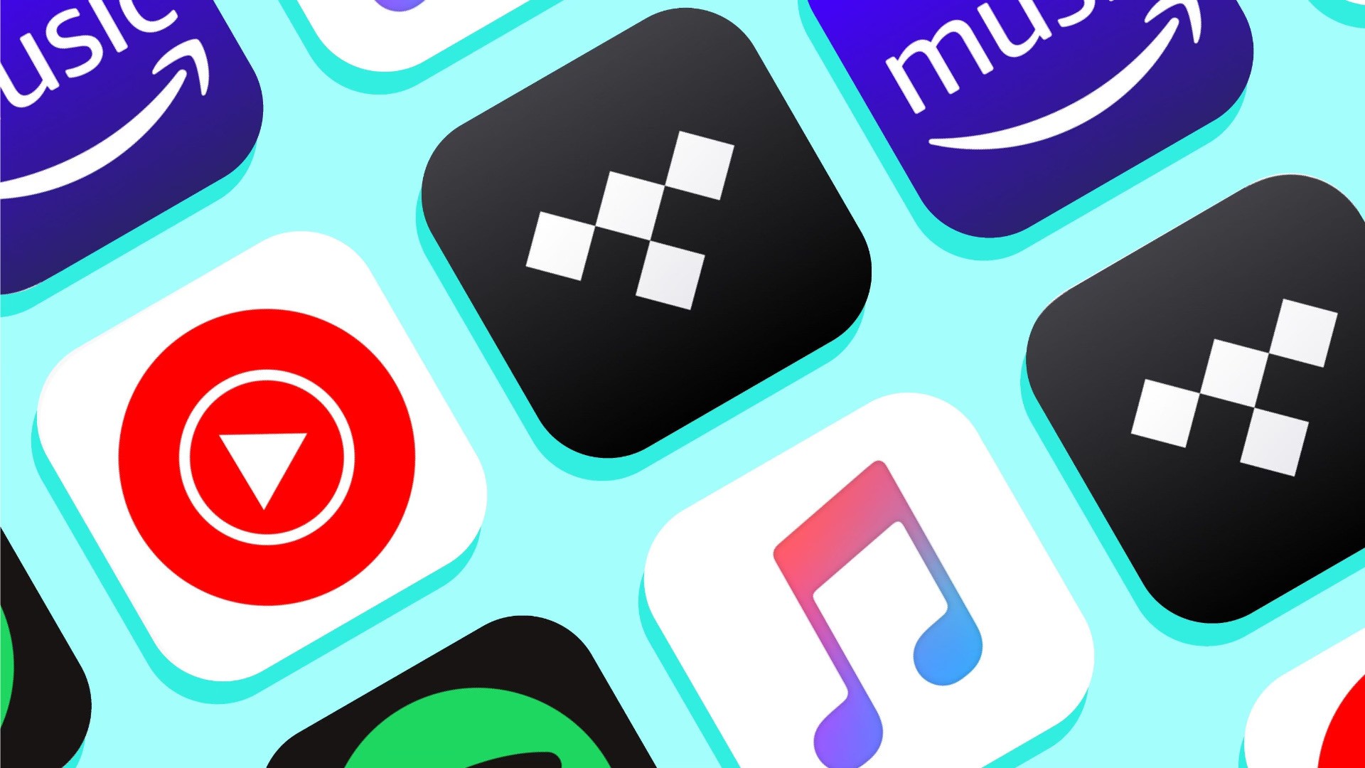 A collage of music streaming service logos including Spotify, Apple Music, YouTube Music, Tidal, Amazon Music, Deezer, and Qobuz, representing a comparison of music streaming services.