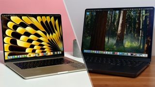 Split image showcasing MacBook Air 13 M3 and MacBook Pro 14 M4 highlighting the comparison of MacBook Air versus MacBook Pro.